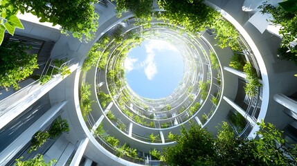 Spiral eco-building courtyard, green plants, sunny sky, sustainable architecture, design concept