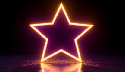 Star-shaped neon outline radiating golden yellow and violet hues on black background