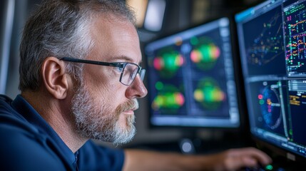Focused mature man with salt and pepper beard wearing glasses, intensely reviewing data on multiple computer screens in a dimly lit room. He appears concentrated and engrossed in his work.