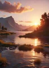 Fototapeta premium Sunset over a lake or river with distant hills, sunset, scenic view
