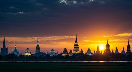 Obraz premium Sunset Silhouette: A Serene Panorama of Asian Temples