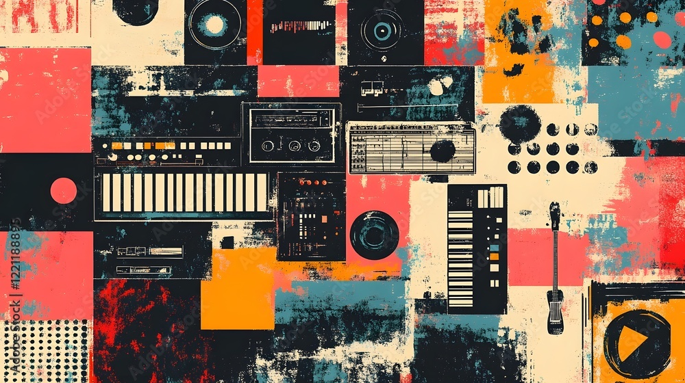 Poster vibrant abstract grunge collage graphic art composition with geometric patterns and digital elements