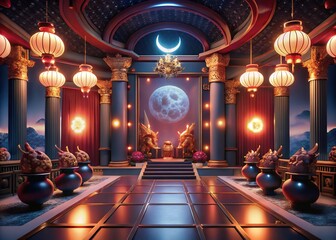 Obraz premium interior of the church of the holy sepulchre with Chinese pattern, gold hanging lantern. Modern luxury oriental illustration for cover, banner, website, envelope.