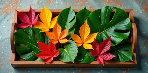 Obraz premium Exotic tropical leaves arranged on a wooden tray, plant arrangement, forest foliage, exotic flowers