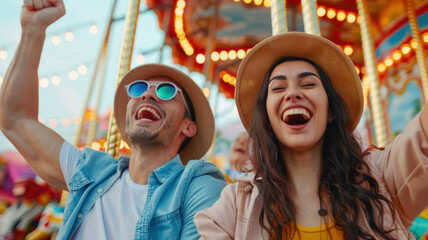 Obraz premium joyful couple enjoying vibrant day at amusement park, cheering and smiling on merry go round ride surrounded by colorful lights and lively atmosphere