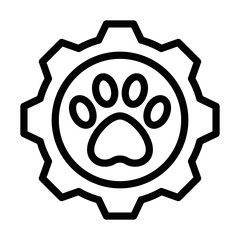 Gear with paw icon symbolizing pet services. Editable stroke.