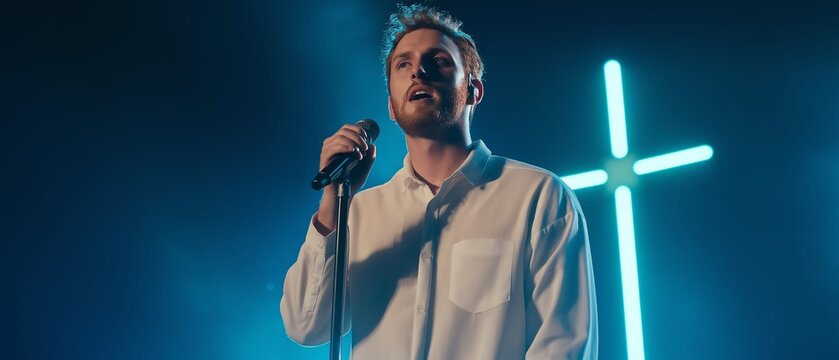 A male singer performs passionately on stage, illuminated by vibrant lighting. The atmosphere is electric, capturing the essence of contemporary worship music in a modern setting.