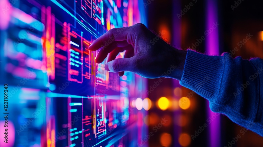 Aufkleber a hand interacts with a vibrant, glowing digital interface displaying lines of colorful code. the ba