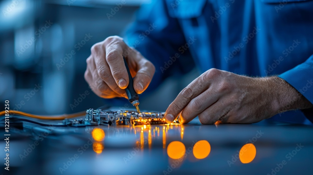 Poster close up of hands meticulously working on a circuit board, illuminated with warm, orange lights agai