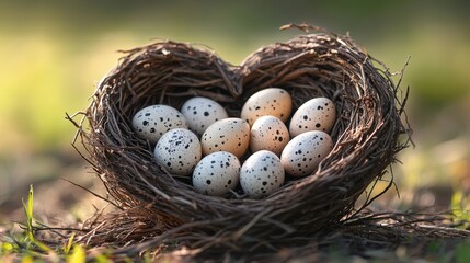 Obraz premium Gathering of speckled eggs in a heart-shaped nest outdoor setting nature photography soft lighting close-up view