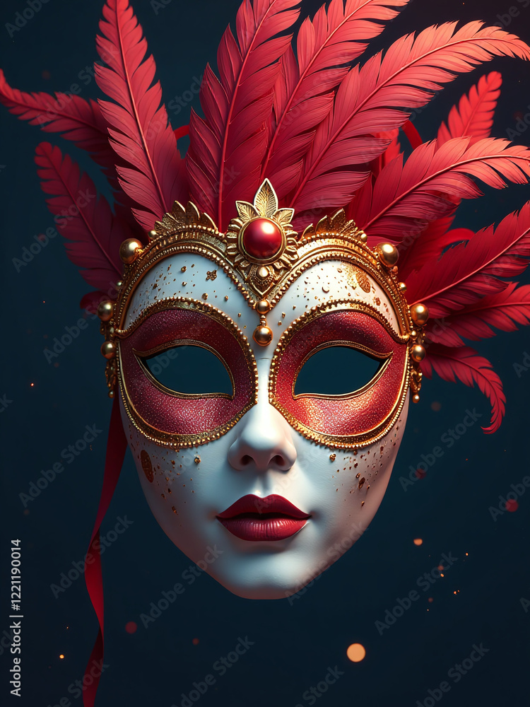 Poster luxury carnival mask with realistic feathers, gold dust, and light effects, generated using advanced