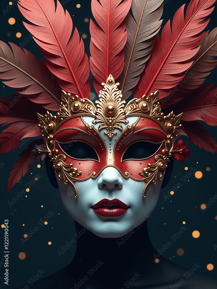 Poster luxury carnival mask with realistic feathers, gold dust, and light effects, generated using advanced