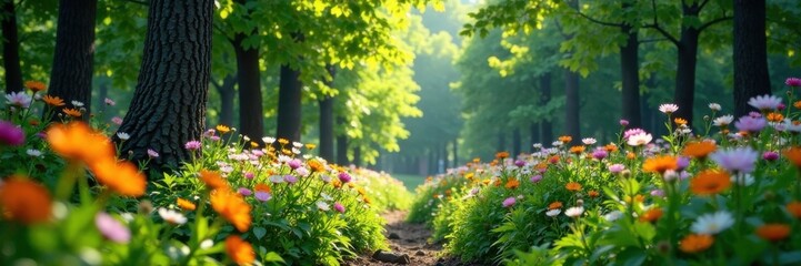 Fototapeta premium Forest with blooming wildflowers, colorful, nature