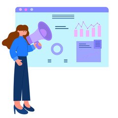 woman marketer presenting campaign plan on digital whiteboard with graphs and megaphone flat vector illustration