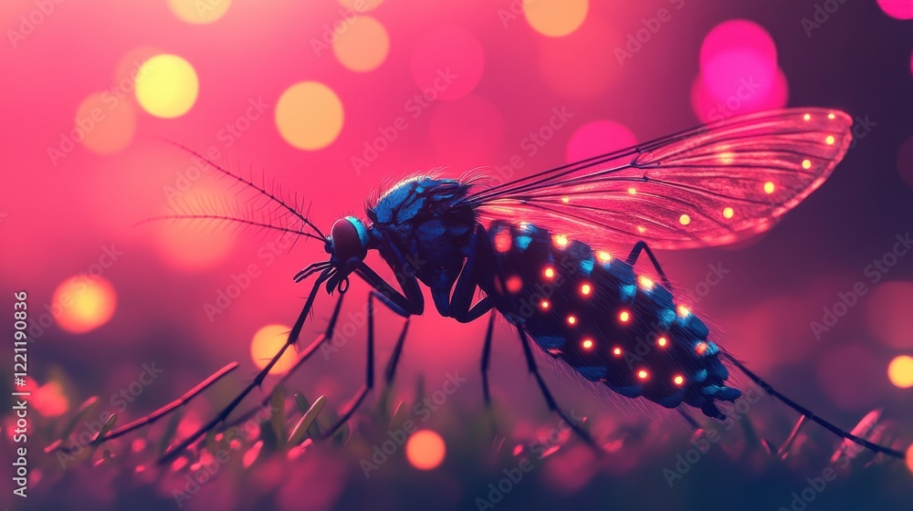 Poster close-up of a luminous mosquito resting on grass with a colorful bokeh background at dusk