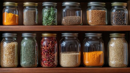 Spice and herb jars kitchen shelf food photography cozy environment close-up view culinary inspiration
