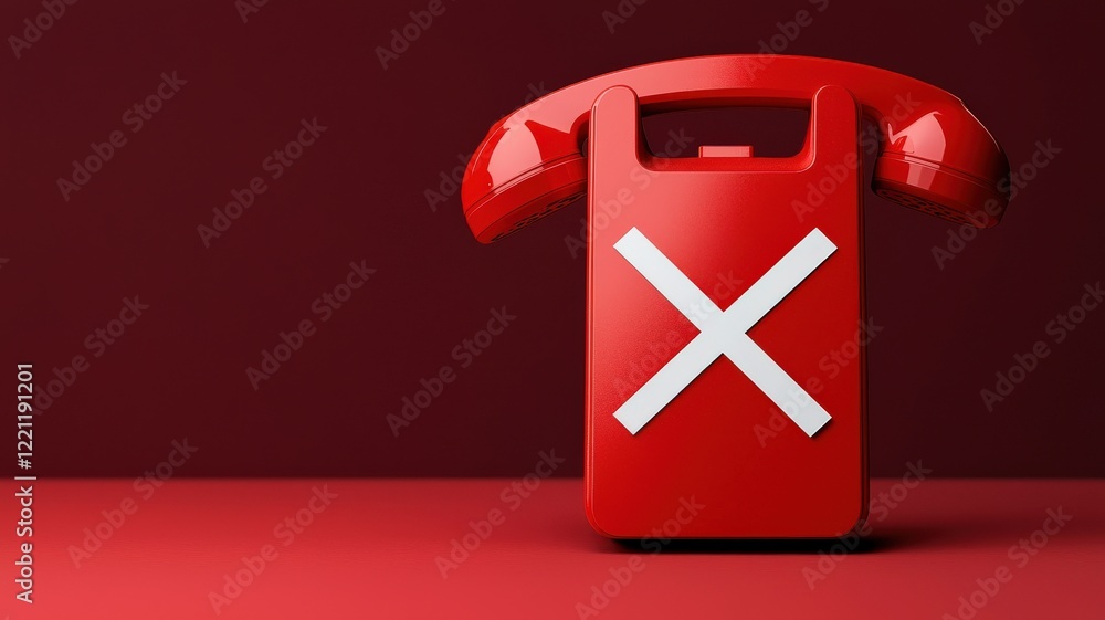 Poster spam call phone security concept. red telephone with a cross symbol on a deep red background, symbol