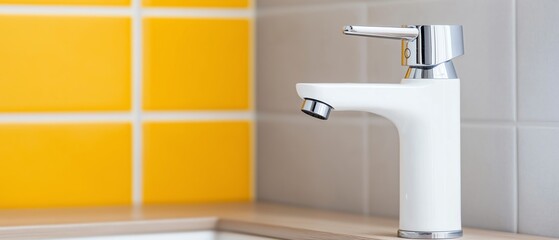 A modern kitchen faucet designed with a sleek, minimalist aesthetic, featuring a chrome finish and a geometric shape against a backdrop of colorful tiles.