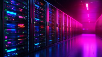 Pink and blue neon lights illuminate a long server room corridor. Rows of dark servers glow with colorful lights, reflecting on the polished floor. Futuristic and technological atmosphere.