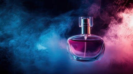 A luxurious perfume bottle suspended in mid-air, with swirling liquid and colorful mist escaping from the opening, illuminated by a soft glow that highlights the bottle’s elegant curves.
