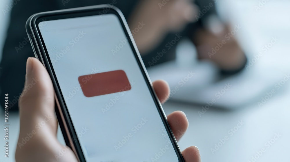Aufkleber spam call phone security concept. a person holding a smartphone displaying a red button, with blurre