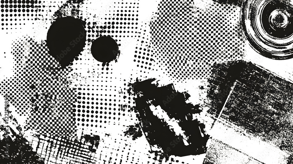 Poster aged and grunge textured digital art collage with overlapping geometric shapes and monochromatic pat