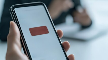spam call phone security concept. A person holding a smartphone displaying a red button, with blurred figures in the background.