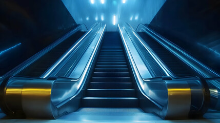 Escalator ascending in modern building, blue light