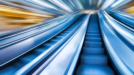 Obraz premium Fast escalators in modern building, motion blur background, urban transport