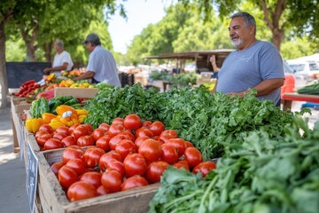 Farmers market with fresh vegetables and diverse vendors on a sunny day.