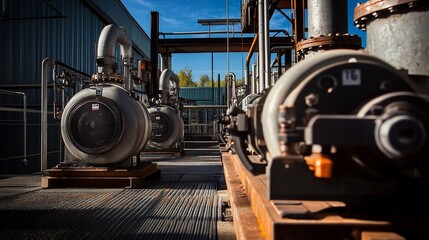 Fototapeta premium Industrial machinery with pipes and pumps in a facility setting.