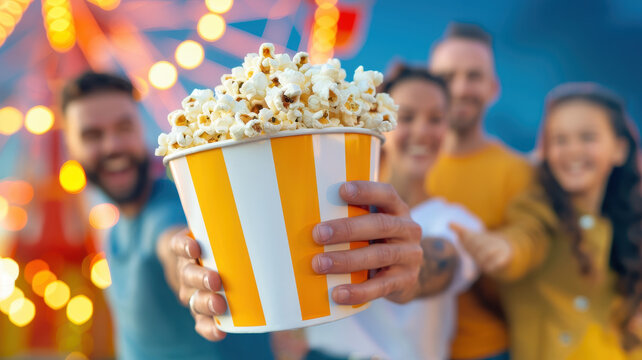 group of friends joyfully sharing large bucket of popcorn at carnival, with vibrant lights and ferris wheel in background, creating lively and festive atmosphere