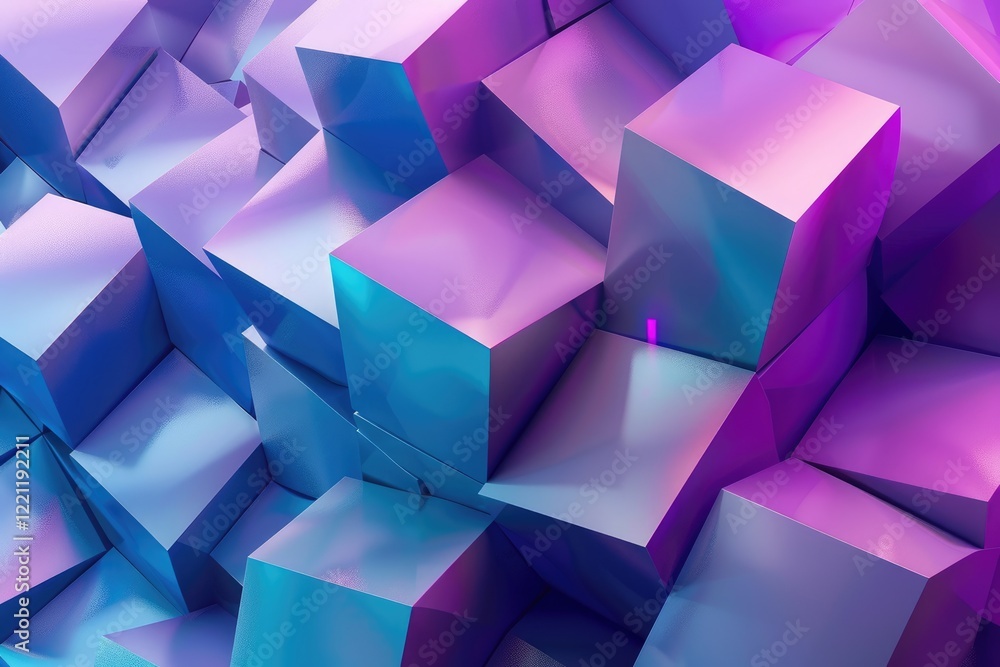 Poster Abstract geometric shapes in shades of purple and blue. 3D design background. Background image of 3D rendering artwork of cube or geometric shape from wall with gradient blue and purple color. AIG51.