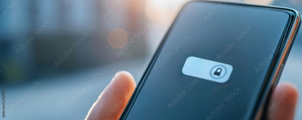 Aufkleber spam call phone security concept. smartphone with a security lock screen held in hand, emphasizing d