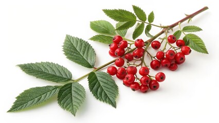 Close-up of Rowan Branch with Red Berries and Green Leaves, Botanical Photography, Nature, Autumn Rowan Berries, Autumn Photography