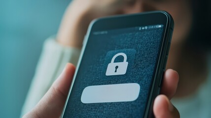 spam call phone security concept. A person holding a smartphone with a locked screen, symbolizing security and privacy concerns.