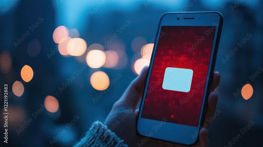 Poster spam call phone security concept. a hand holds a smartphone displaying a blank screen against a blur
