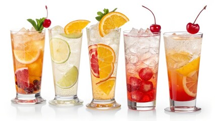 Five Refreshing Fruit-Infused Iced Drinks, Tall Glass Composition, Citrus and Berries, Summer Cocktails Summer drinks, cocktail photography, beverage photography