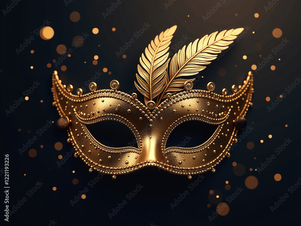 Aufkleber Golden Mardi Gras Mask With Feathers On Dark Background, Featuring Bokeh Effect And Shimmering Gold Dust In A Generative Ai Design. 00001