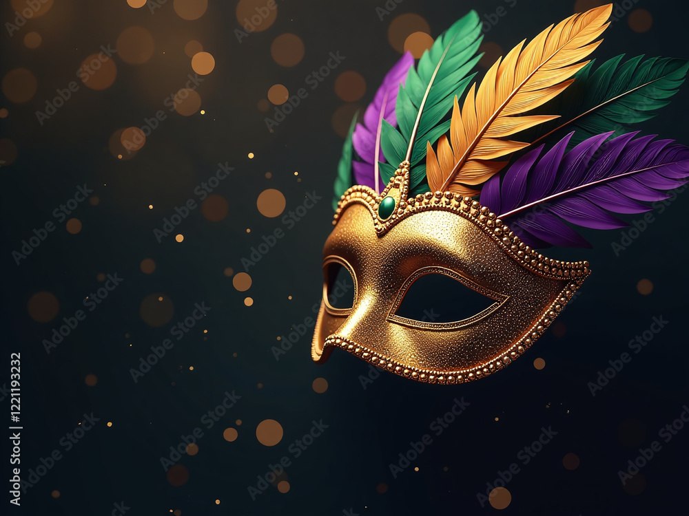 Aufkleber golden mardi gras mask with feathers on dark background, featuring bokeh effect and shimmering gold 