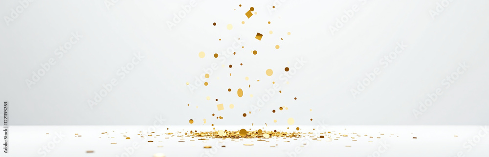 Poster golden confetti falls gently down onto a pristine white surface in an empty, serene environment of p