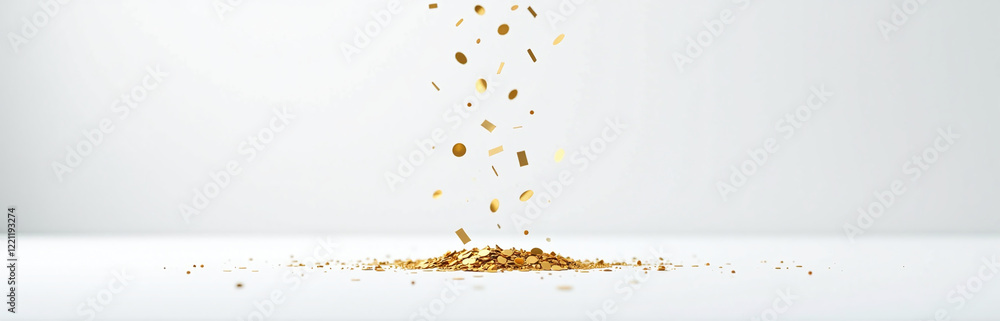 Poster golden confetti falls gently down onto a pristine white surface in an empty, serene environment of p