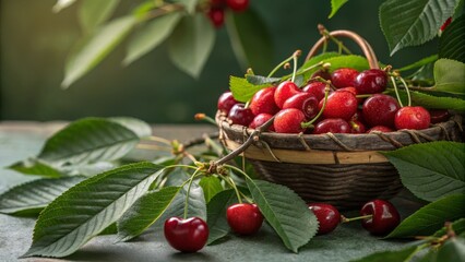 Obraz premium Fresh Cherries in Rustic Basket Close-up Still Life Photography, Nature, Food, Cherry Harvest Cherries, Still Life Photography