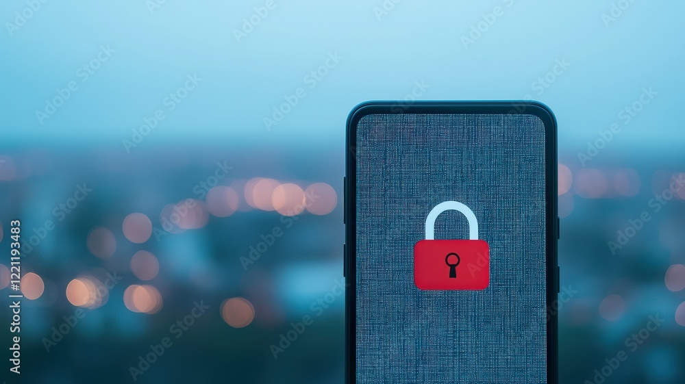 Aufkleber spam call phone security concept. a smartphone displaying a lock symbol against a blurred cityscape 
