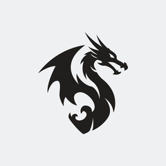 Naklejka premium Silhouette of a dragon with sharp horns, wings, and a curled tail, symbolizing power and mysticism in a bold and minimalist black design on a white background.