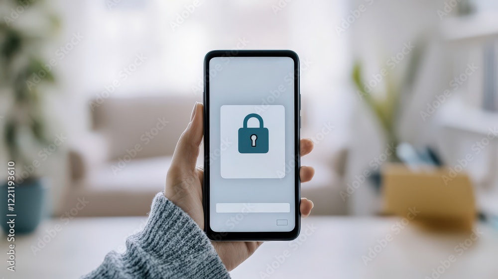 Aufkleber spam call phone security concept. a person holds a smartphone displaying a lock icon, symbolizing se