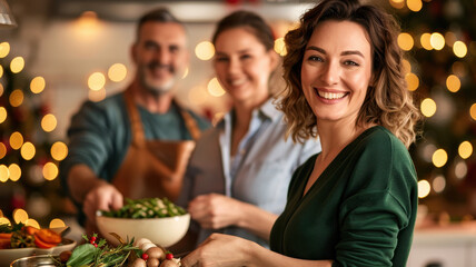 group of people in festive kitchen setting preparing meal together, with joyful atmosphere and holiday decorations in background