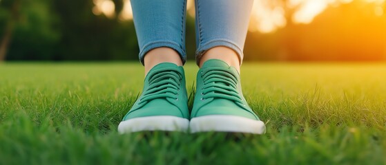 A pair of vibrant green shoes on a grassy field, showcasing a relaxed and casual outdoor lifestyle. The setting sun adds warmth to the scene, embodying a peaceful moment in nature.