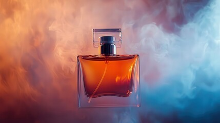 A luxurious perfume bottle suspended in mid-air, with swirling liquid and colorful mist escaping from the opening, illuminated by a soft glow that highlights the bottle’s elegant curves.