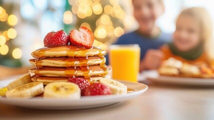 Stack of pancakes with strawberries and bananas in festive setting.